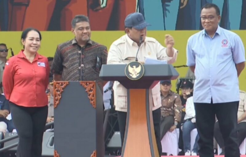 Presiden RI Prabowo Subianto saat menghadiri peringatan Hari Buruh Internasional di Lapangan Monas, Jakarta, Kamis (1/5/2025). (Dok. Tim Media Prabowo Subianto)